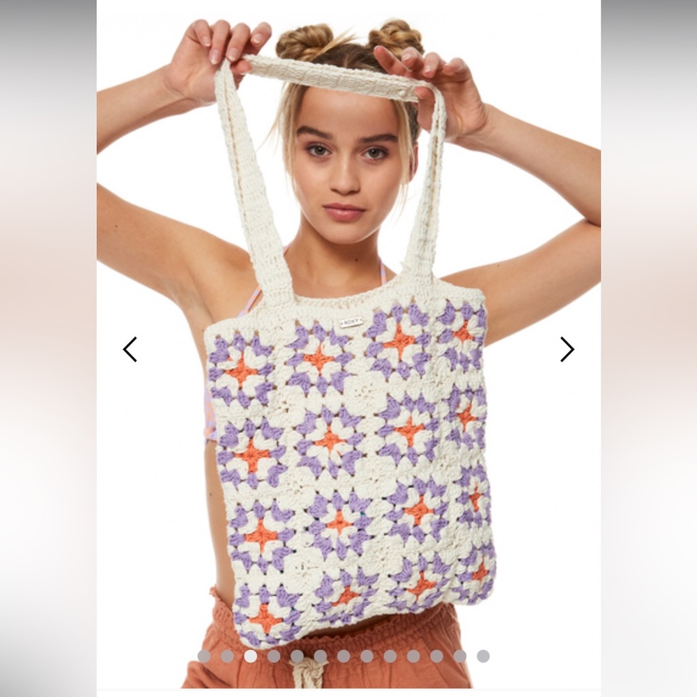 Roxy Cream Crochet Tote with Purple and Orange Flower Motifs - Picture 4 of 5